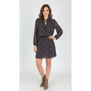J. Crew Mercantile Floral Mini Dress Women Large Navy Blue Long Sleeve Tie Neck